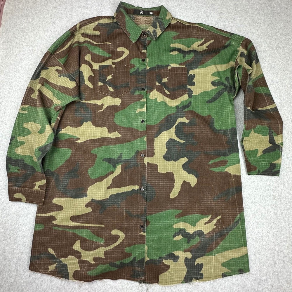 Missguided Camo Ripstop Oversized Button Up Shirt Raw Hem Woodland Camouflage - Picture 3 of 10